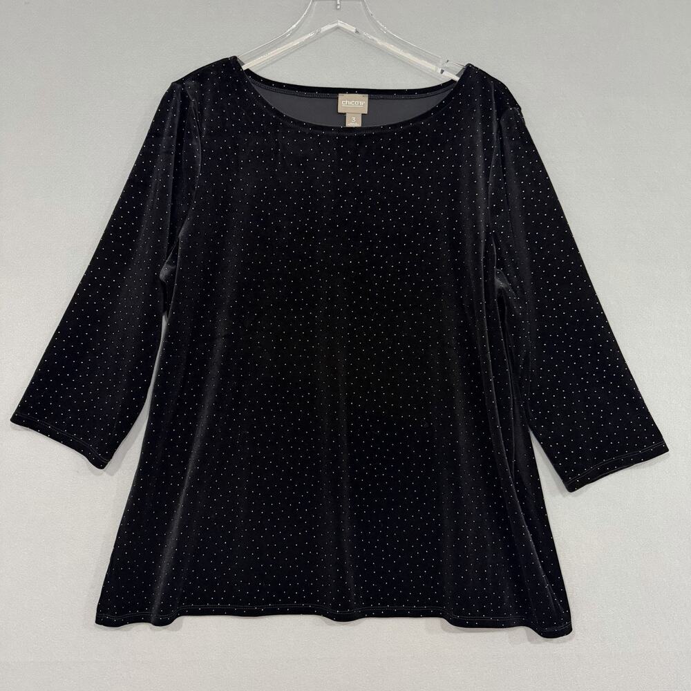 Chico's Velvet Tunic Top Size 3 US XL Black Studded 3/4 Sleeve Party Elegant